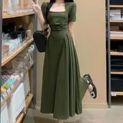 Short-Sleeve Square Neck Plain Midi A-Line Dress Army Green - L