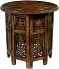 Hand Carved Accent Coffee Table-18 Inch Round Top Cotton Craft Jaipur Solid Wood