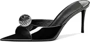 [Tupakei] Black Heeled Mules Rhinestone Pointed Toe Mules Open Toe Heeled Sandals Elegant Wedding Party Pumps Shoes