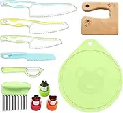 GeeRic 11 Pieces Kids Kitchen Knife Set, Kids Knives for Real Cooking with Cutting Board, Wood Kids Safe Knife, Serrated Edges Plastic Toddler Knife, Crinkle Cutter, Sandwich Cutter, I Peeler
