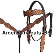 Western Brown Leather Hand Carved Shaped Headstall & Breast Collar