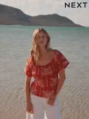 Red/Ecru Palm Print Broderie Boho Short Sleeve Ric Rac Top (AW7822) | $43