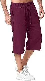 [JEShifangjiusu] Men's Causual 3/4 Long Cotton Shorts Drawstring Elastic Waist Cargo Straight Shorts Wide Leg Baggy Pants, Wine Red A1, XL