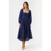 Modenaire Square-Neck Smocked Midi Dress with Long Sleeves and Eyelet Hem in Navy Blue at Nordstrom, Size Large