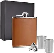 Hip Flask - 7oz - Pocket Size, Premium Stainless Steel with Brown Vegan Leather Cover. Gift Set Includes Flask, 2 Cups, & Funnel Leakproof Design. Ideal for Events & Outdoors