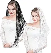 [Ptwola] 2 Pcs Mass Veil Triangle Mantilla Cathedral Head Covering Chapel Veil Latin Scarf Latin Mass Head Covering Veils Traditional Vintage Inspired Infinity Shape Mantilla Veils, White/Black