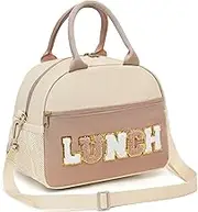 Lunch Bag for Women, Large Insulated Lunch Bag with Chenille Letter, Preppy Lunch Box for Work, Reusable Lunch Tote Bag with Adjustable Shoulder Straps, Portable Lunch Cooler for Picnic Coffee