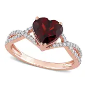8.0mm Heart-Shaped Garnet and 0.20 CT. T.W. Natural Diamond Twist Split Shank Ring in Solid 14K Rose Gold