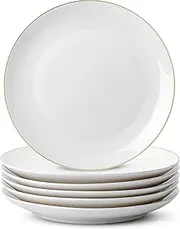 Brew To A Tea - White Porcelain Dinner Plates with Gold Rim, Set of 6, 10.5" Round, Classic Style, Solid Pattern, Durable and Easy to Clean, Not Microwave Safe