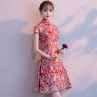 在飛比找蝦皮商城優惠-中式改良旗袍2024夏款復古新娘敬酒服短版禮服中國風洋裝少女