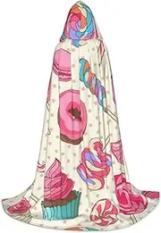 Colorful Sweet Lollipop Cupcake Donut Print Unisex Hooded Cloak For Carnival Theme Party Decorations Witch Costume Cosplay