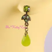 Vintage Deco Bronze Green Chandelier Drop Earrings w/ Peridot Swarovski Crystals