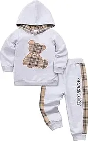 [Yoxindax] Toddler Baby Boy Clothes Outfits Plaid Bear Hoodie Sweatshirt Patchwork Pants Fall Winter Clothes for Boy