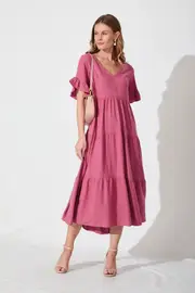 Kristen Midi Smock Dress Short Sleeve in Pink Deep Rose Linen Blend 8