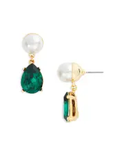 Kenneth Jay Lane Imitation Pearl & Green Stone Drop Earrings in Gold Tone
