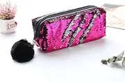 Glitter Reversible Sequin Pencil Case - 3 Colors - Double Color - Students Pencil Case for Girls - Cosmetic Bag - Make Up Pouch with Pompon Zip Closure