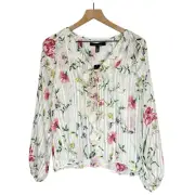 NWT White House Black Market Floral Long Sleeve Ruffle Front Blouse size Small