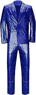 Men’s 2 Pieces Disco Costume Jacket Pants Outfit Set Adult 70s Shiny Metallic Sequin Halloween Cosplay Party Suit