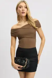 Brown Off Shoulder Bodysuit Mesh - Size 16XL, Women's Bodysuit