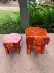 Art Painted Embossed Elephant Stool Wooden Hand Carved Decorative Antique Chowk