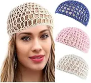 [Generic] 3 Pcs Hair Nets Cap, Elastic Mesh Crochet Hair Net Snoods for Women Soft Rayon Crocheted Sleep Caps Hair Wrap Net for Silk Press Cover Accessory for Sleeping White, Pink,Blue
