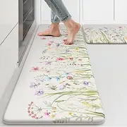 KIMODE Anti Fatigue Kitchen Mat for Floor, Farmhouse Floral Kitchen Rugs Sets of 2, Kitchen Floor Mats Non-Slip, Cushioned Standing Mat for Sink, Laundry, Desk, Home White 17"x47"+17"x29"