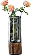 PIDUDU Artistic Wood Glass Vase,Cylindrical Wooden Base Smoked Glass Vase,12 Inch Tall Plant Vase for Entryway, Dining Table, Shelf, Living Room, and Modern Home Decor Vase