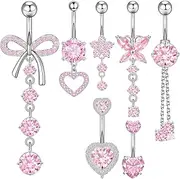 [UICCVOKK] 7pcs Belly Button Bars Sterling Pink, Stainless Steel Belly Bar with Flower Butterfly Heart, Barbell Navel Bars Piercing Jewellery, one size, Stainless Steel, No Gemstone