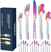 20pcs Stainless Steel Flatware Set, Unique Flower Pattern Silverware Set Service for 4 People, Colorful Cutlery Set with Knives/Forks/Spoons, Mirror Polished Utensil Set for Kitchen, Dishwasher Safe