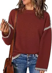 [Valtorixia] Women Long Sleeve Contrast Cable Knit Pullover Sweaters for Women Fashion Solid Crewneck Loose Fit Pullover Top Fall Winter Knit Top (Wine red,Medium)