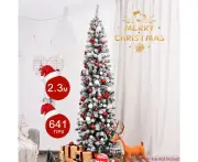 Costway 2.3M Slim Christmas Tree/Hinged Snow Flocked Xmas Tree/Home Decoration/Snowy White/Gift