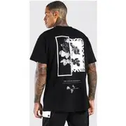 Mens Black Oversized Floral Photo Back Print T-Shirt