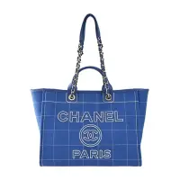 在飛比找Yahoo奇摩購物中心優惠-CHANEL 經典Deauville格紋帆布大號托特包(藍色