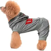 Dog Hoodie Jumpsuit, Athletic Style Pet Apparel, Grey with Red Logo, Casual Sports Outfit for Small Dogs【Thin Material】 (Glay, S)