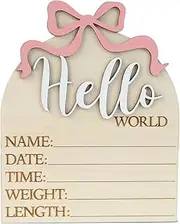 Hello World Wooden Birth Announcement Sign, 6.2 inch Round Nursery Photo Prop, Baby Name Weight Length Date Time Plaque (BB64)