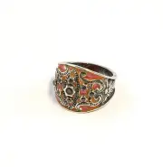 9901411 925er Silver Enamelled Ring with Onyx Big 58 Blumenmuster Orange-Rosa