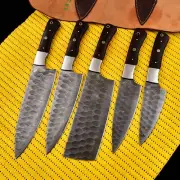 Handmade Damascus Chef Knife Set of 05 Pieces With Leather Bag