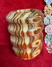 Handmade Curvy Stripe Dot Design Wood Vase with Orange-Red Luster Resin