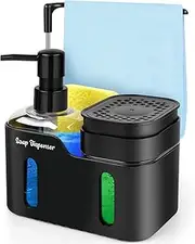 Richenda 4-in-1 Soap Dispenser with Dishcloth Hanger & Sponge Holder – Kitchen Sink Soap Pump Organizer for Dishwashing, Refillable Liquid Soap Dispenser for Countertop Storage (Black)
