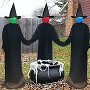 Set of 3 Witches Holding Hands Light Up Face Decoration, Scary Halloween Decorations Outdoor, Voice Control Screaming Witches Decor for Home Outside Yard Lawn