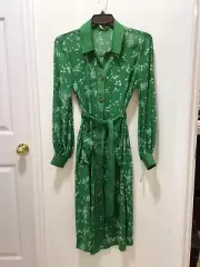 FREE PEOPLE Green Floral LONG SEMI SHEER Button Down Dress W/Pockets Sz Small