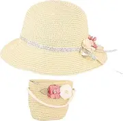 [WRITWAA] Summer Boys and Girls Hat Set Straw Sunshade Hat Sun Protection Beach Bag Easy to Fold Lightweight Breathable Material Wide Brim Beige
