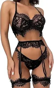 Lilosy Women Sexy Wireless Garter Bow Strappy Lace Sheer Lingerie Set Bra Panty Belt See Through 3 Piece