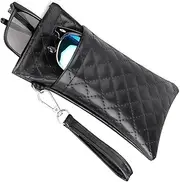 [JIRONN] Double Soft Eyeglass Case with Hanging Ring, Squeeze Top Eyeglass Pouch, Automatic Closing Eyeglass Bag, PU Leather Elastic Waterproof Eyeglass Case, Magnetic Closure Eyeglass Protection Cover