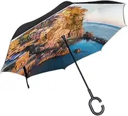 Double Layer Inverted Umbrella Cars Reverse Umbrella Italy Sea Coast Landscape Windproof UV Proof Travel Outdoor Umbrella