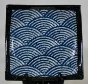 JAPANESE SOUSAKU BLUE OCEAN WAVES DESIGN GLAZED CERAMIC 6 3/4" SQUARE PLATE NEW