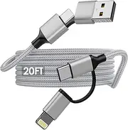Extra Long iPhone Charger Cable 16 FT, 60W Fast Charging Cable USB-C and Lightning 4-in-1 Cable 15FT Nylon Braided Charging Cord Multi Charger Cord Combo Lightning/Type C/USB A for iPhone iPad Samsung