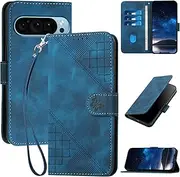 Case for Google Pixel 9/Pixel 9 Pro 6.3", Pixel 9 Walle Case with Wrist Strap & Magnetic Clasp,PU Leather Pixel 9 Phone Cover with Card Holder/Slot Stand Flip Folio Soft Shell Book Cover, Blue