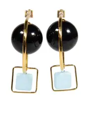 Black Sphere Blue Square Earrings
