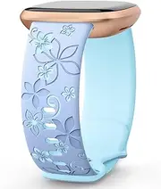 OHOTLOVE Floral Engraved Bands Compatible for Fitbit Sense Bands/Fitbit Versa 3 Bands Women/Fitbit Versa 4 Bands/Sense 2 Bands,Soft Cute Two-Tone Flower Sport Watch Strap Replacement Wristbands.